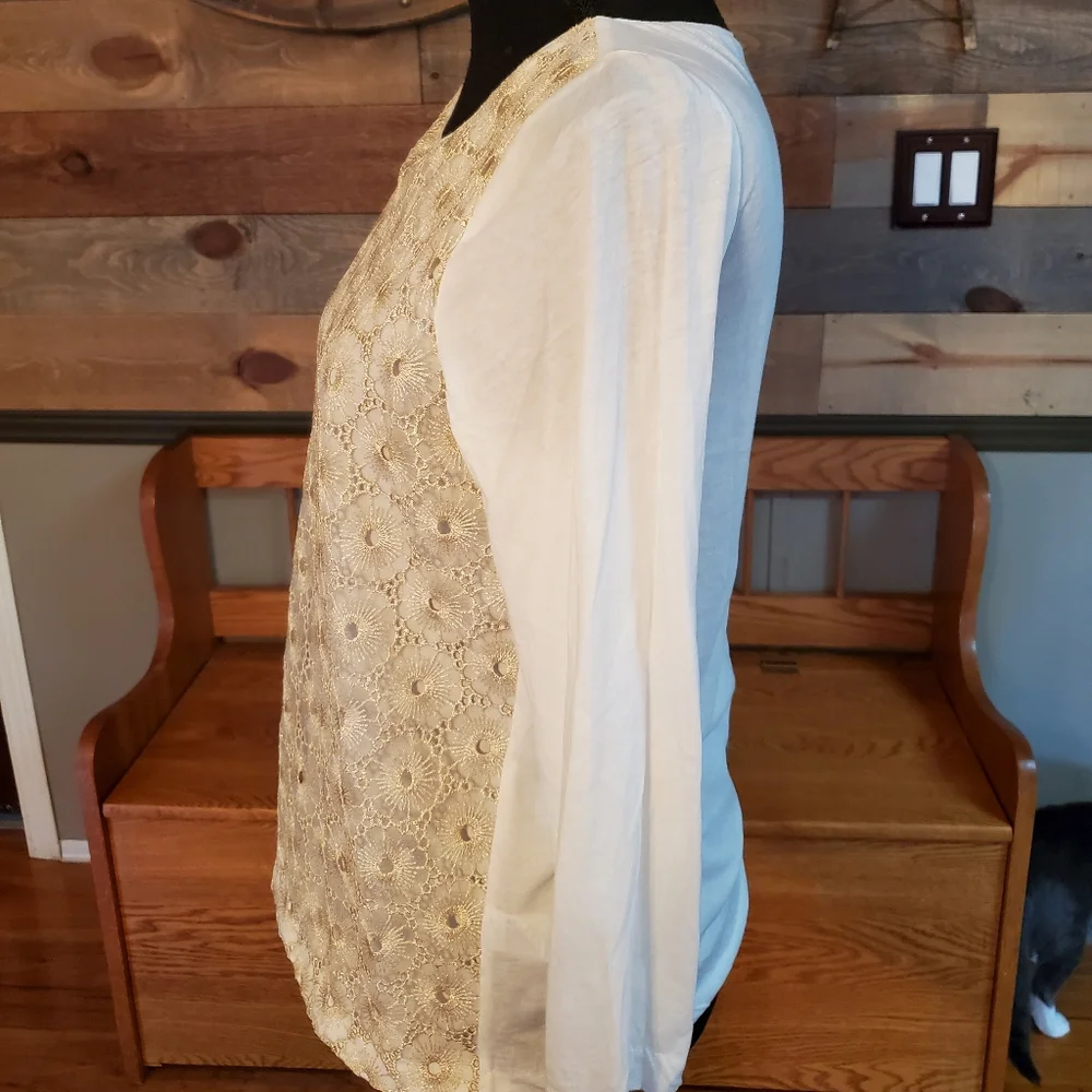 J Crew White & Gold Embroidered Blouse